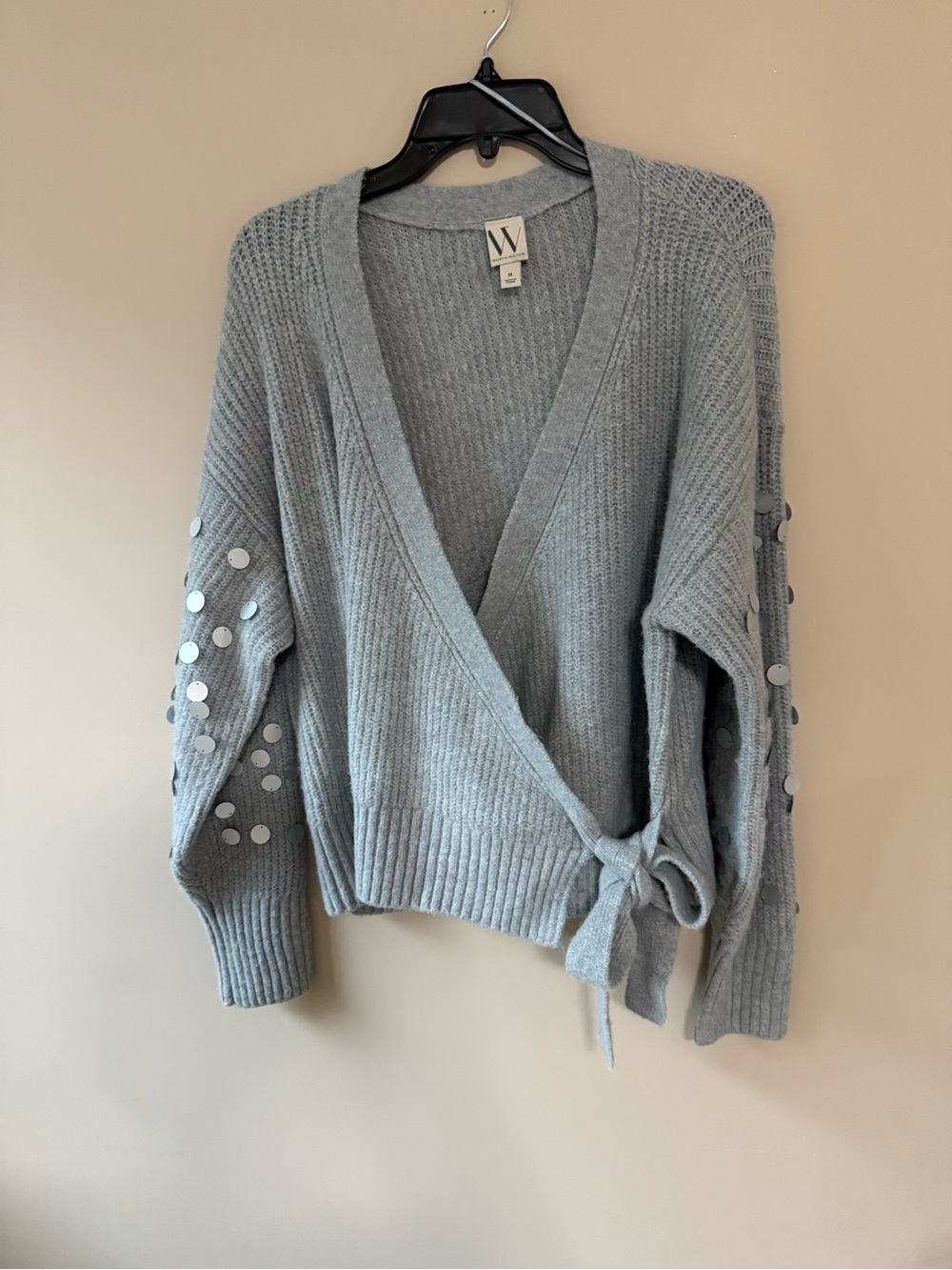 Worthington Gray Wrap Cardigan with Sequin Dot Sleeves